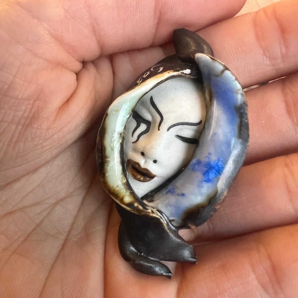 Unique Porcelain Face Pin with Blue and Black Accents - Handmade, signed